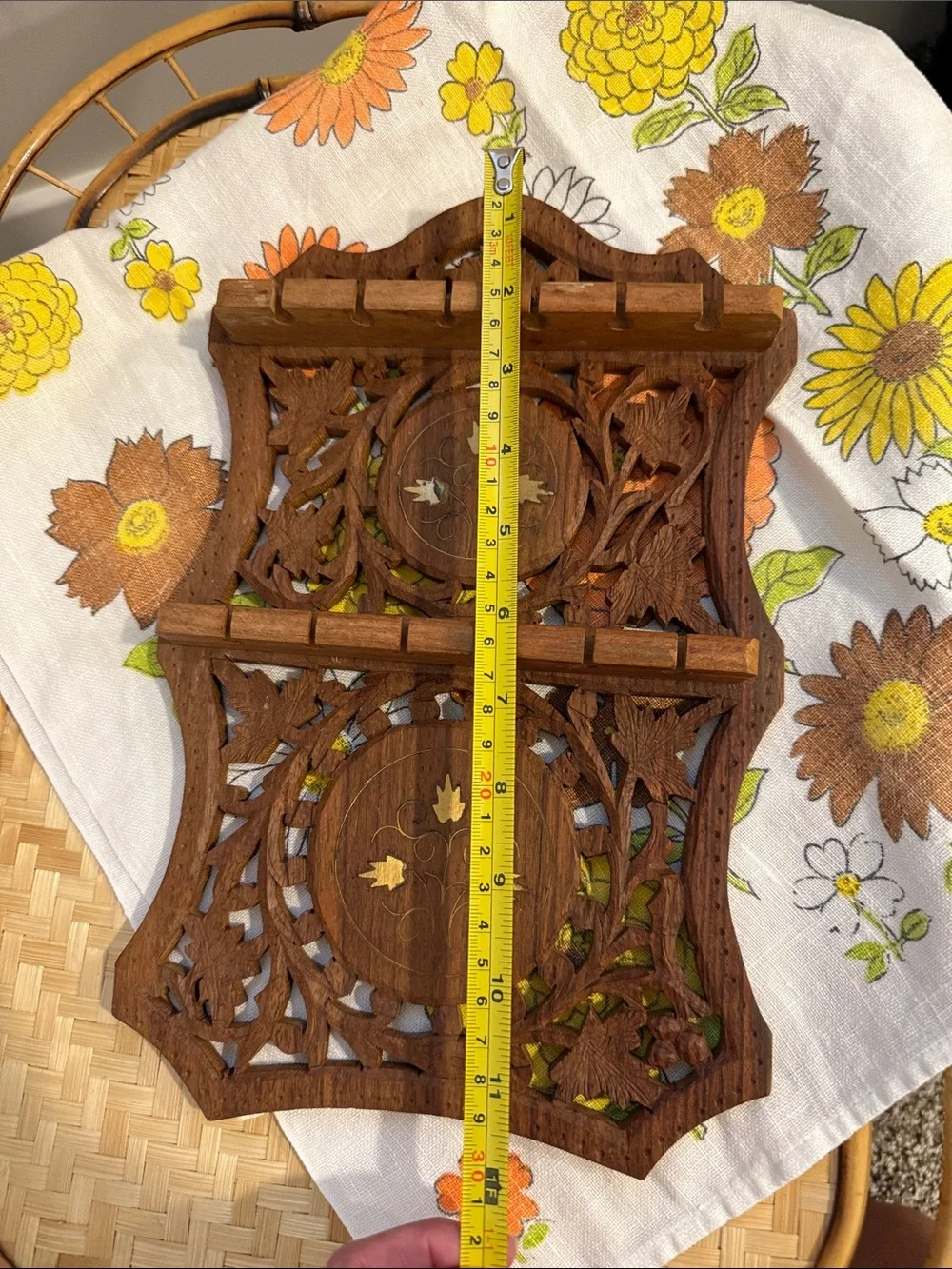 Vintage Hand Carved Sheesham Wood  Rack Wall Display Brass Inlay India